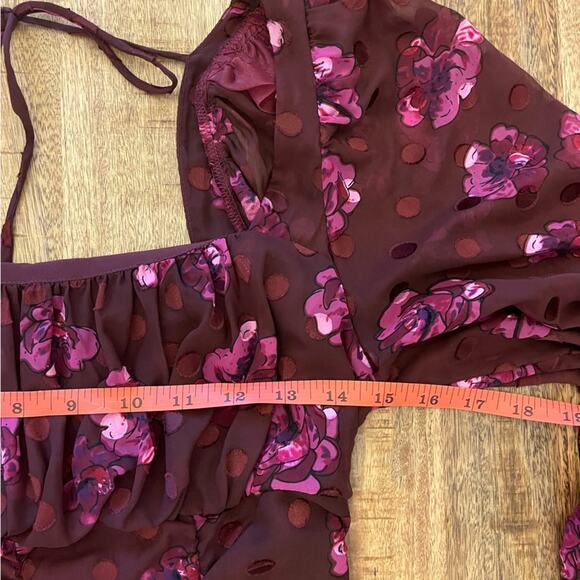 ASTR | Rosalee Floral Mini Dress Small Burgundy Ruched Long Sleeve Dark Romantic - Picture 14 of 16